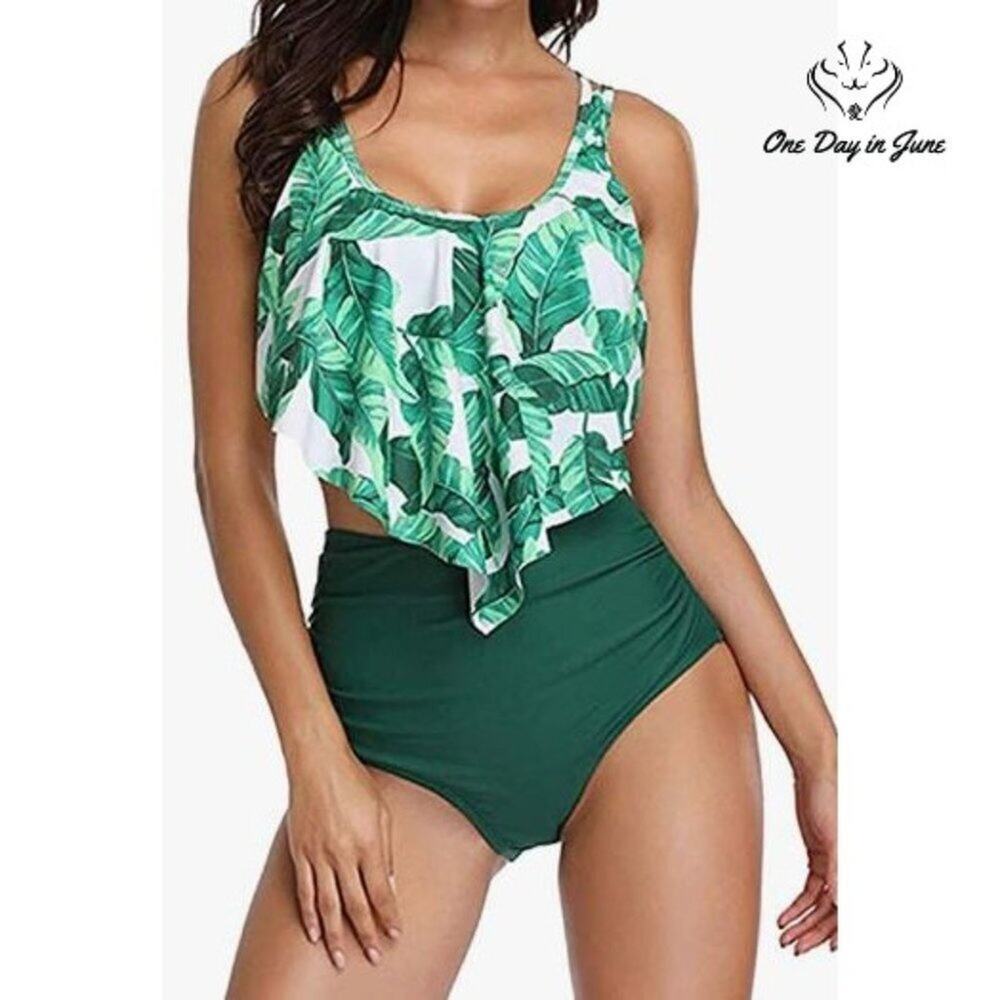 Uoknice Flounce Top Ruched Bottom Palm Leaf Bikini Swimsuit Size XXL